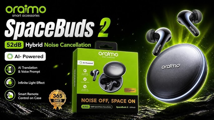Oraimo Spacebuds 2 OTW-631 Earbuds 52dB Hybrid Active Noise Cancelling Earpods With Spatial Sound 45H Playtime Smart Remote Case AI Voice Assistant For Bluetooth Enabled Laptops And Mobile Phones