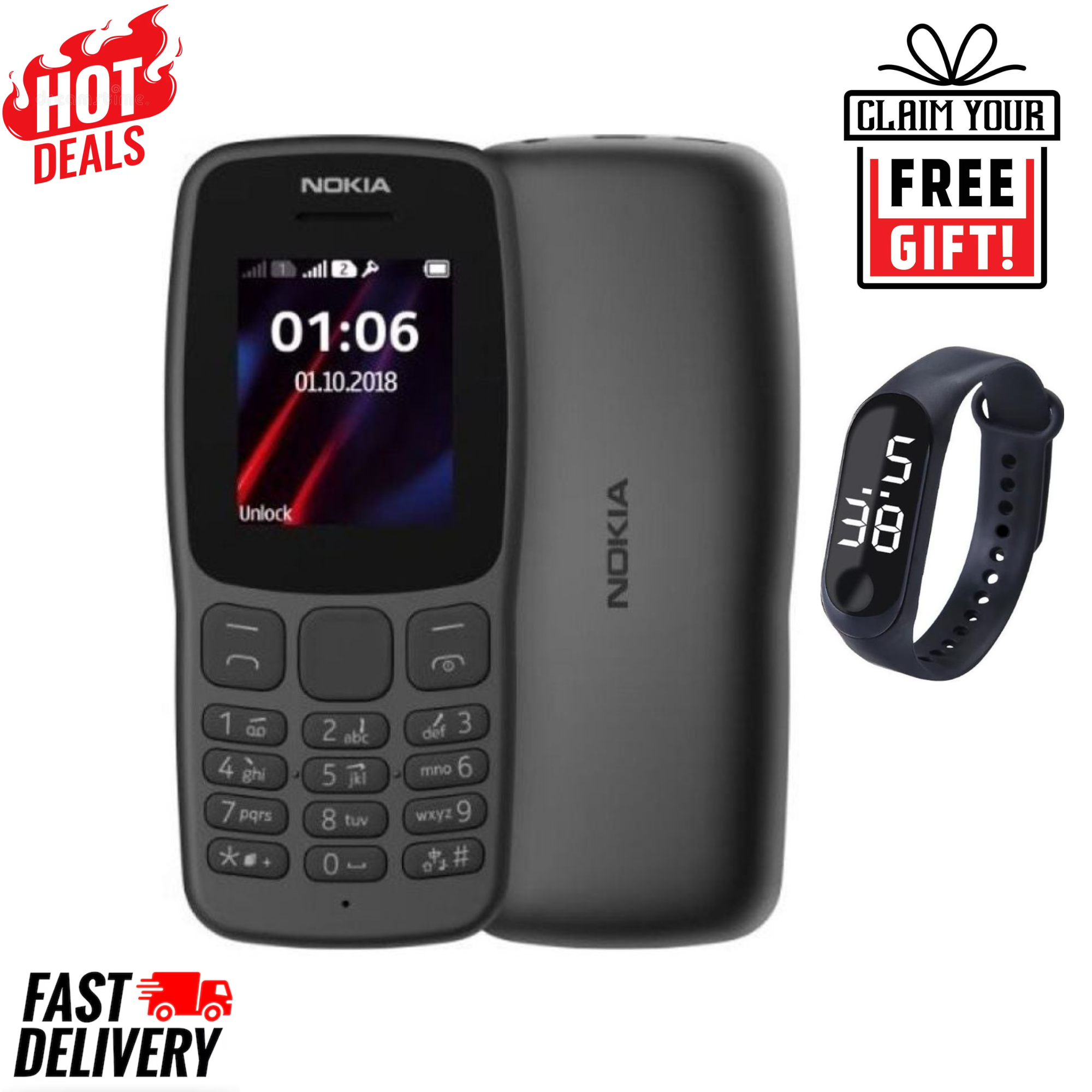 LIMITED DISCOUNT !!!BRAND NEW Nokia 106 4G !!!,4MB RAM Expandable to 32GB WITH MicroSD, 1.8" Dual SIM Cards, 800 MAhBattery with FM Radio and Micro USB, Kabambe _ BLACK & FREE GIFT STRAP WATCH.