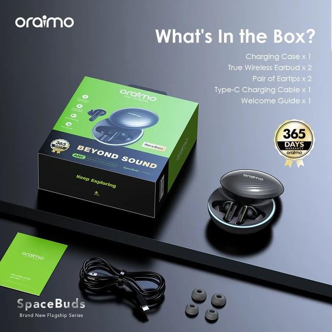 Oraimo Spacebuds 2 OTW-631 Earbuds 52dB Hybrid Active Noise Cancelling Earpods With Spatial Sound 45H Playtime Smart Remote Case AI Voice Assistant For Bluetooth Enabled Laptops And Mobile Phones