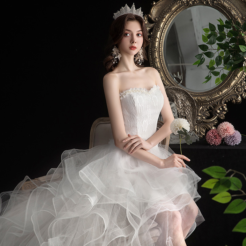 Cheap Women's Cocktail Prom Dress for Teens Graduation Floral Lace Hi-Lo Chiffon Wedding Dresses for Wedding Guest Women's High Low Country Wedding Dress for Bride Strapless Lace Bridal Gowns L06