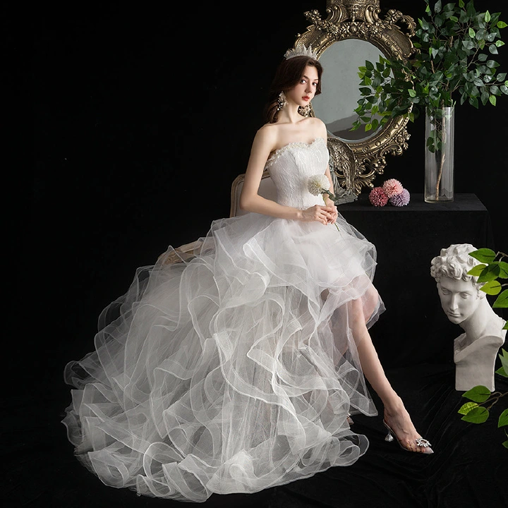 Cheap Women's Cocktail Prom Dress for Teens Graduation Floral Lace Hi-Lo Chiffon Wedding Dresses for Wedding Guest Women's High Low Country Wedding Dress for Bride Strapless Lace Bridal Gowns L06