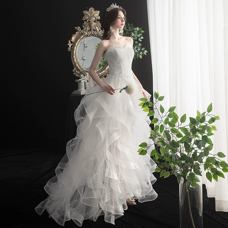 Cheap Women's Cocktail Prom Dress for Teens Graduation Floral Lace Hi-Lo Chiffon Wedding Dresses for Wedding Guest Women's High Low Country Wedding Dress for Bride Strapless Lace Bridal Gowns L06