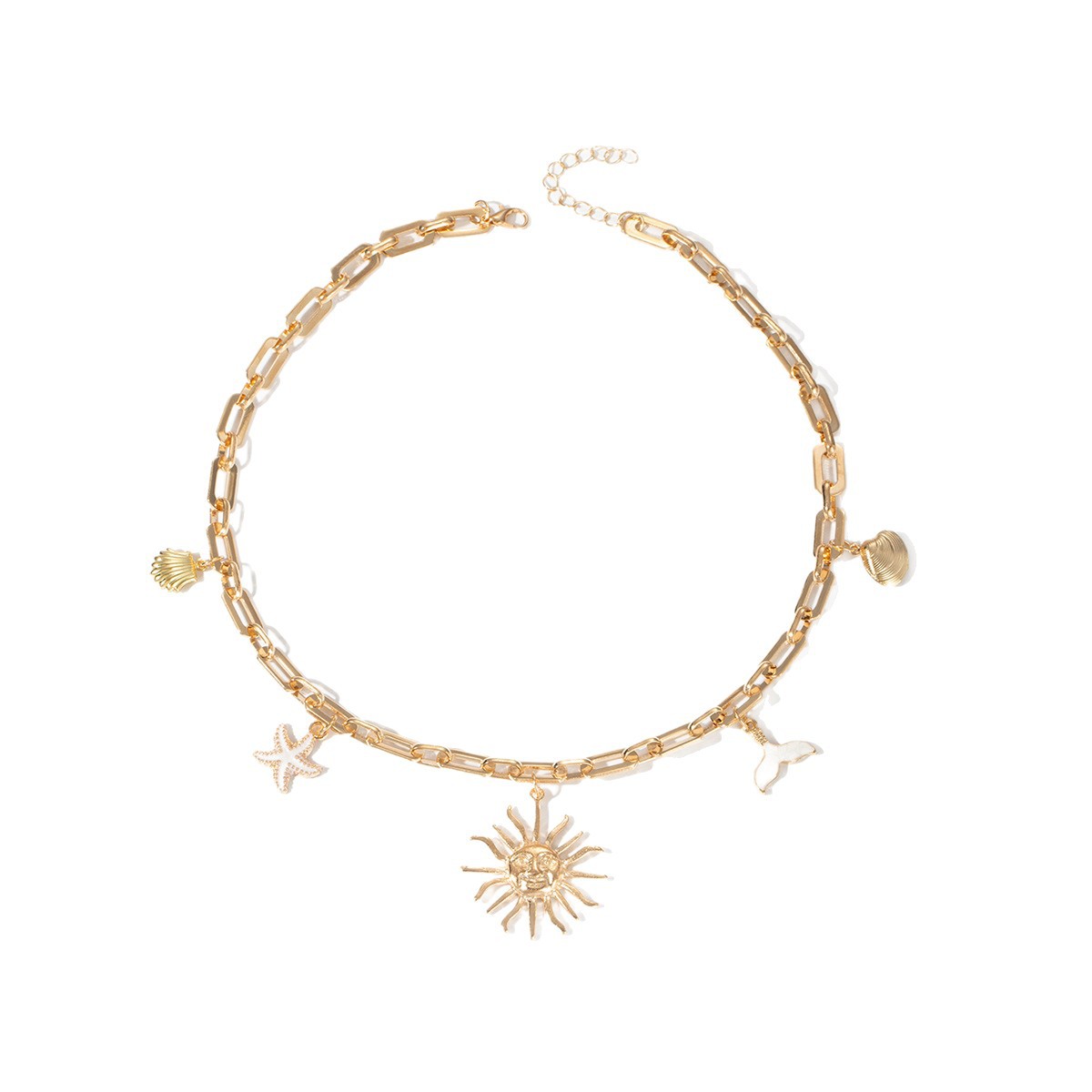 Holiday style necklace wholesale, cross-border retro jewelry from Europe and America, women's starfish, shell, fish tail, fashionable alloy sun pendant