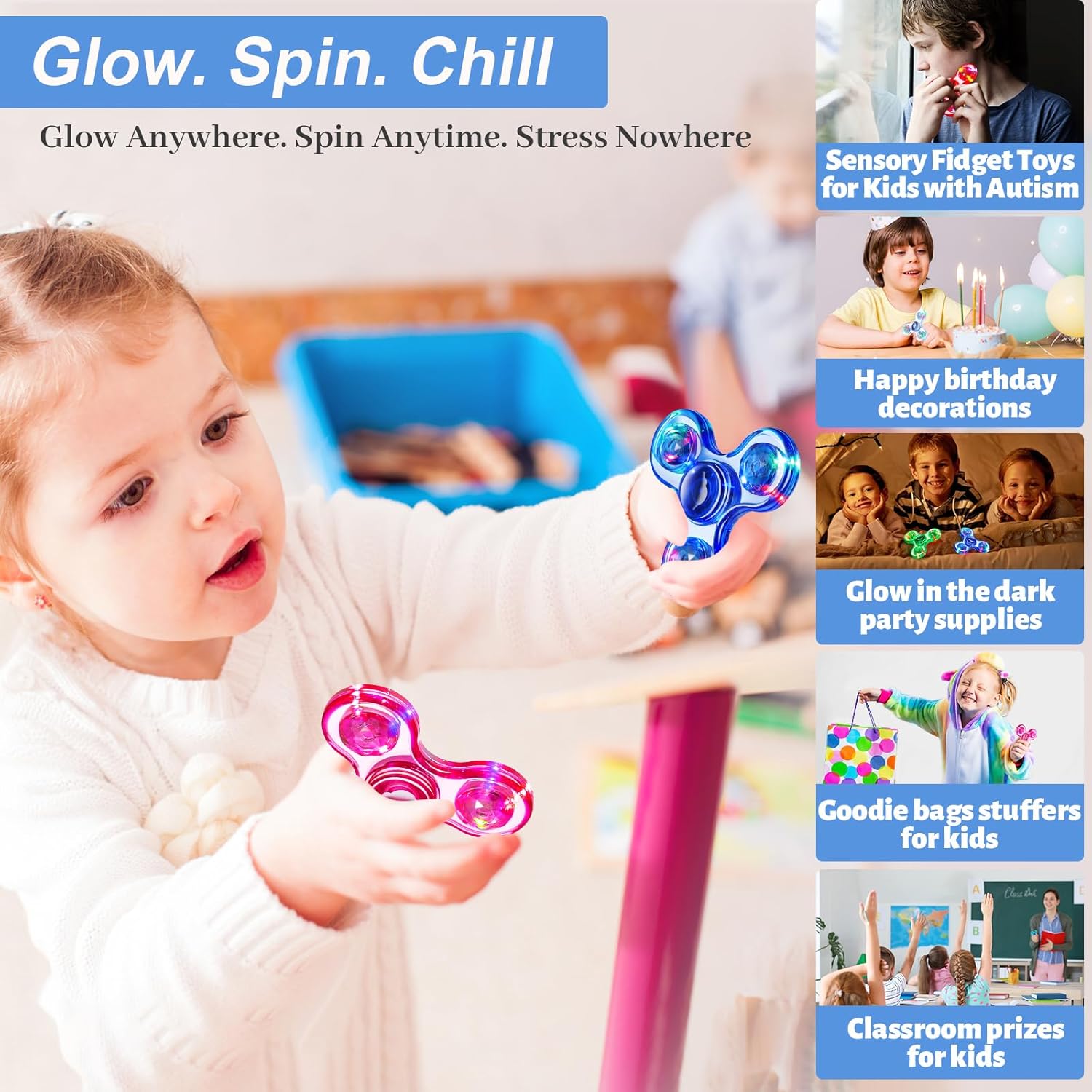 3PCS/SET Fidget Spinner Light up Sensory Fidget Toys Adults Kids 4-8-12 with Autism ADHD, Kids Travel Toys Anxiety Stress Relief Teen Boy Gifts, Classroom Prizes Glow Birthday Party Graduation C26
