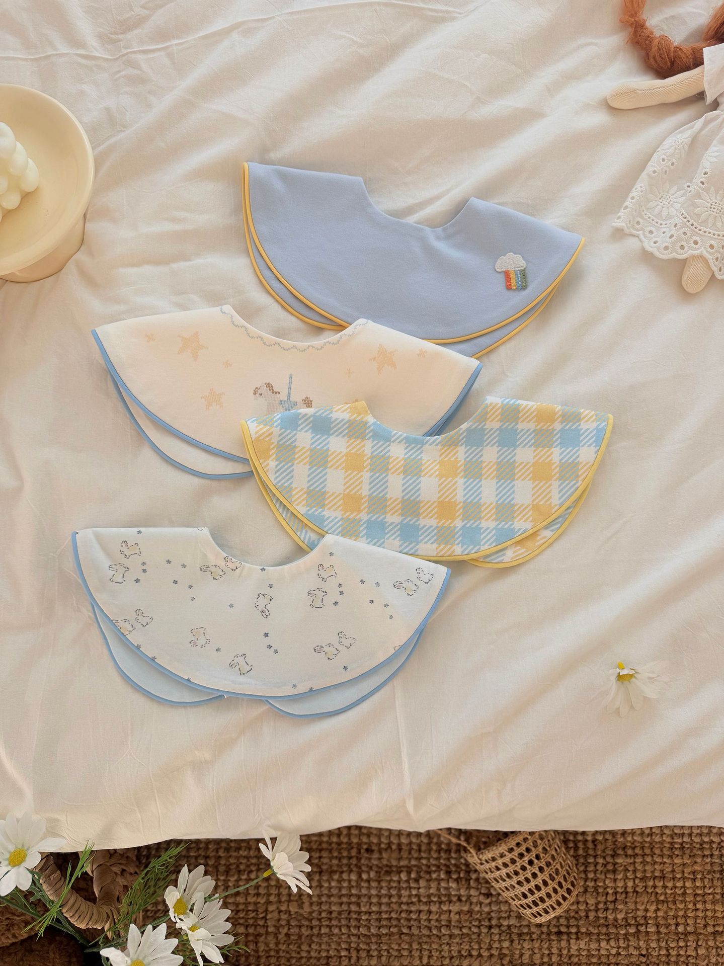 Mix 6-Pack Baby Cotton Bids AIWOOYOO 2026 Cartoon Print Embroidery Color-Contrast Trim Bib for Babies and Toddlers, Moisture-Wicking and Quick-Drying C82