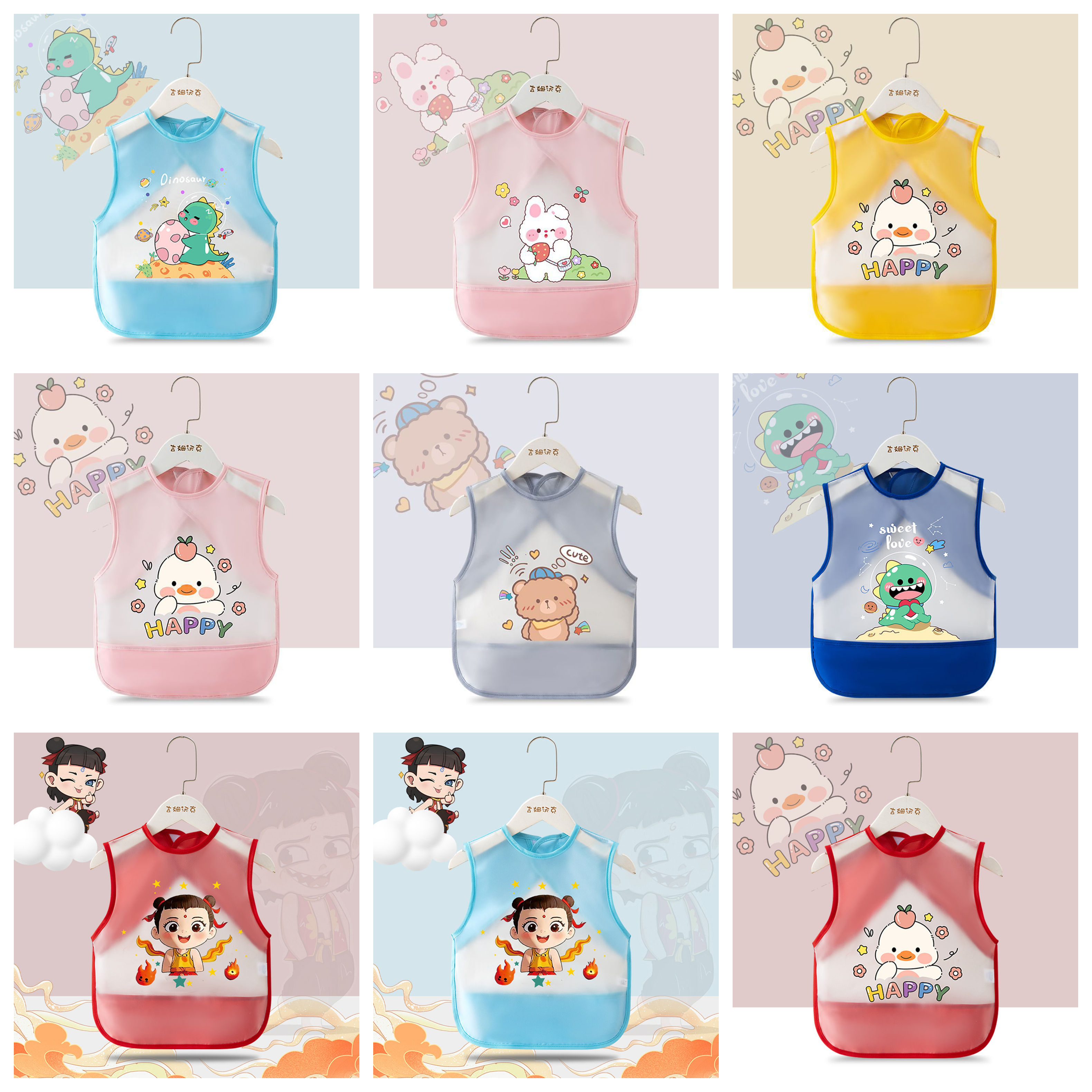 2PCS New Cheap Waterproof Baby Feeding Apron,Summer Children's Dirty-Proof Sleeveless Coverall for Boys and Girls,Reversible Infant Protective Garment,Kids Waterproof Bibs with Cartoon Image C81