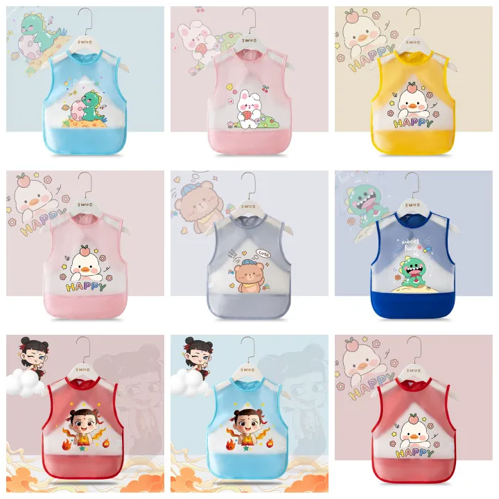 2PCS New Cheap Waterproof Baby Feeding Apron,Summer Children's Dirty-Proof Sleeveless Coverall for Boys and Girls,Reversible Infant Protective Garment,Kids Waterproof Bibs with Cartoon Image C81