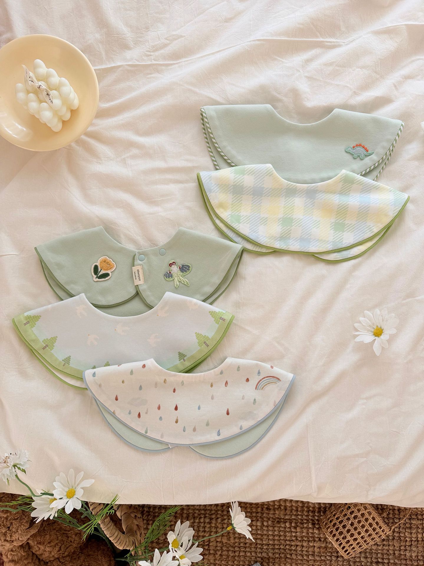Mix 6-Pack Baby Cotton Bids AIWOOYOO 2026 Cartoon Print Embroidery Color-Contrast Trim Bib for Babies and Toddlers, Moisture-Wicking and Quick-Drying C82