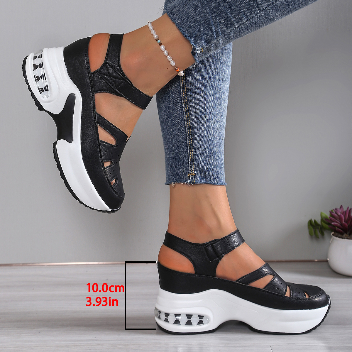 Summer new women's shoes with round heads and hollow wedges hook and loop thick-soled Baotou sponge cake sandals are suitable for daily leisure commuting parties.