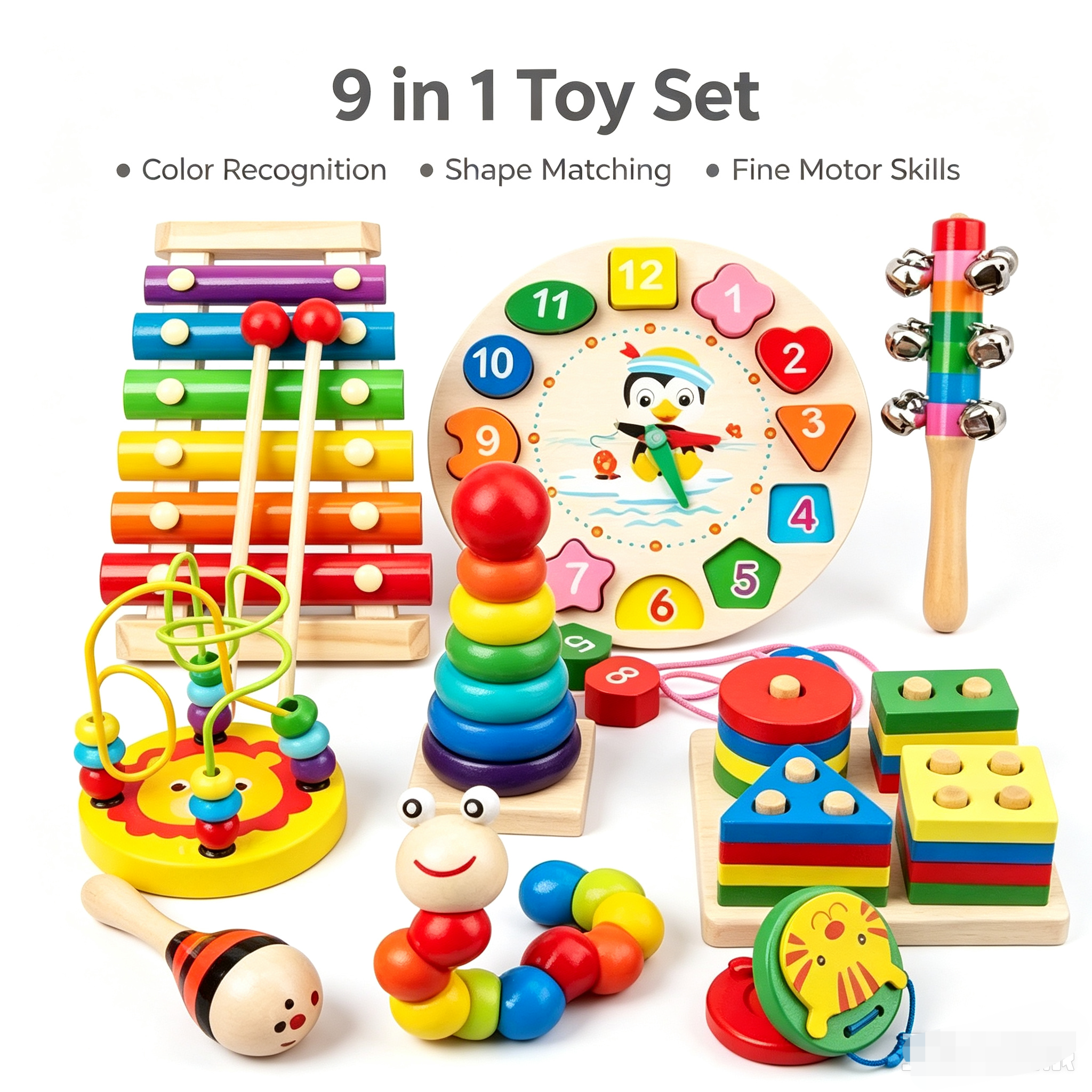 9pcs Kids Musical Instruments Wooden Percussion Instruments Tambourine Xylophone Toys for Kids Children, Preschool Education Early Learning Musical Toy for Boys and Girls