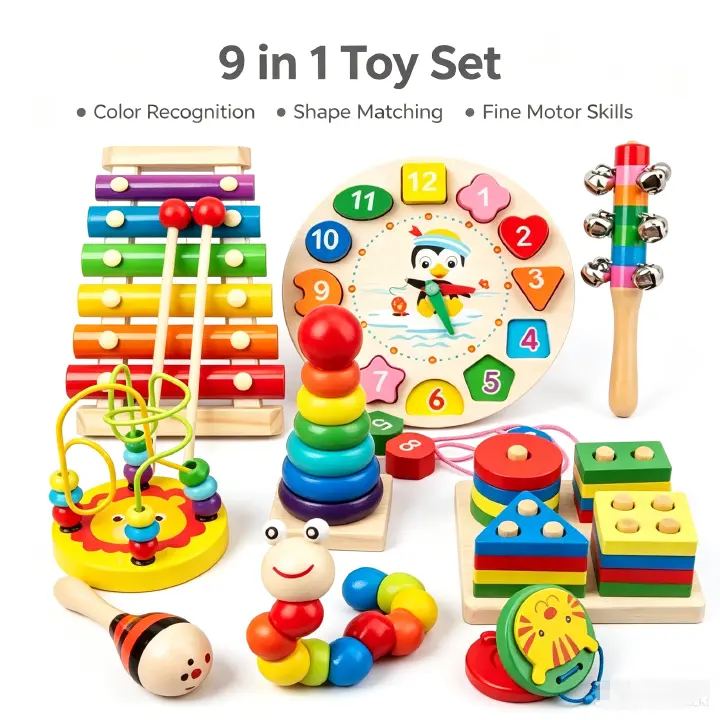 9pcs Kids Musical Instruments Wooden Percussion Instruments Tambourine Xylophone Toys for Kids Children, Preschool Education Early Learning Musical Toy for Boys and Girls