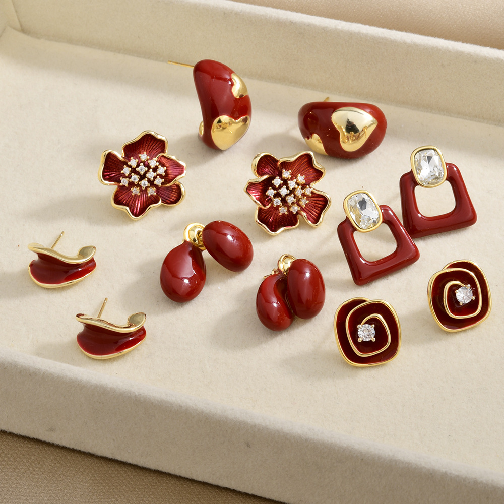 2026 New Wine Red Retro Fashion Exquisite and Versatile Earrings, Light Luxury and High Luxury, Ankela Red Earrings for Women Style 1 (plated with 22K gold) As Picture