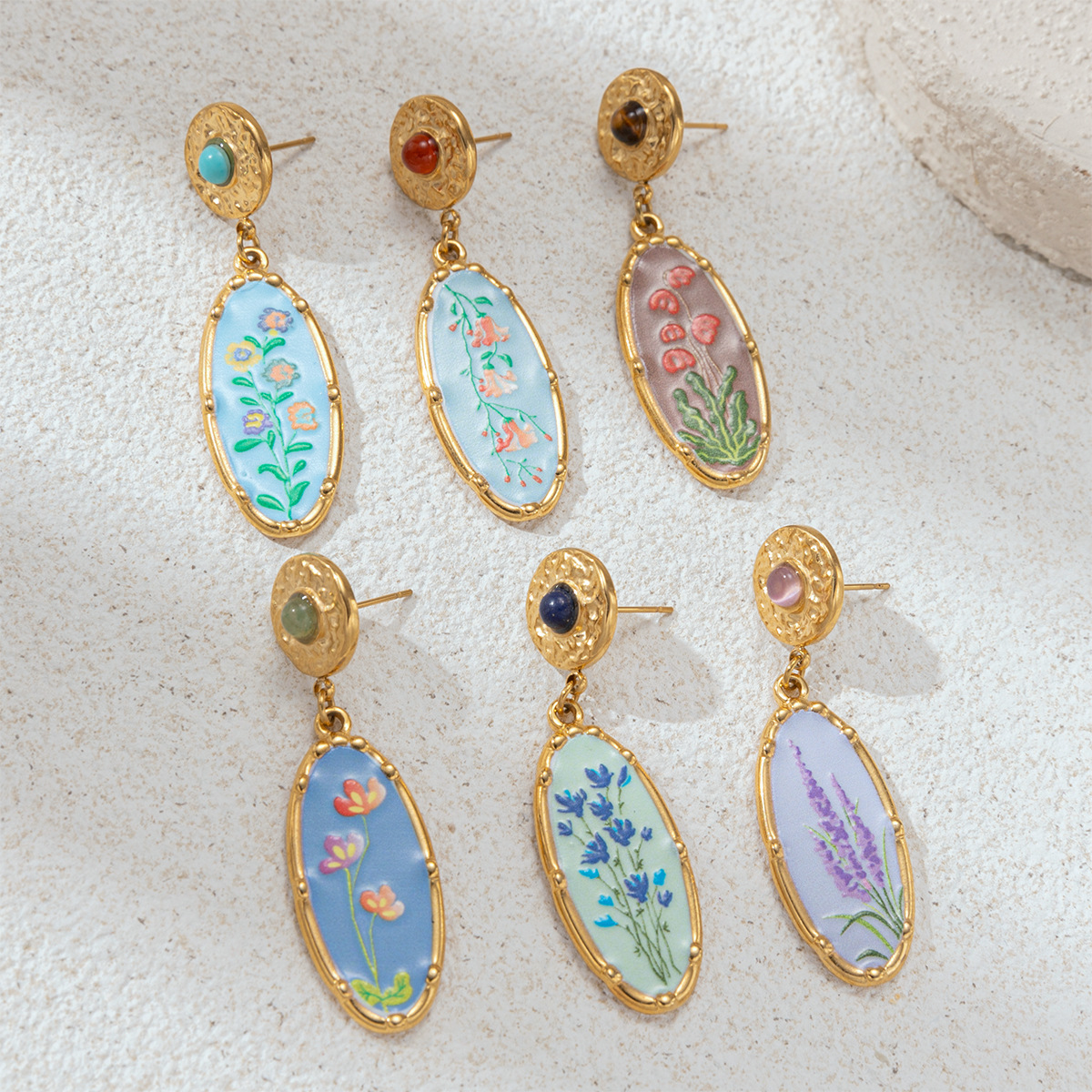 Tina European and American stainless steel ear studs for women, non-fading, fashionable oil painting natural style titanium steel earrings, light luxury high-end feel. 2509ZK52003GZ As Picture