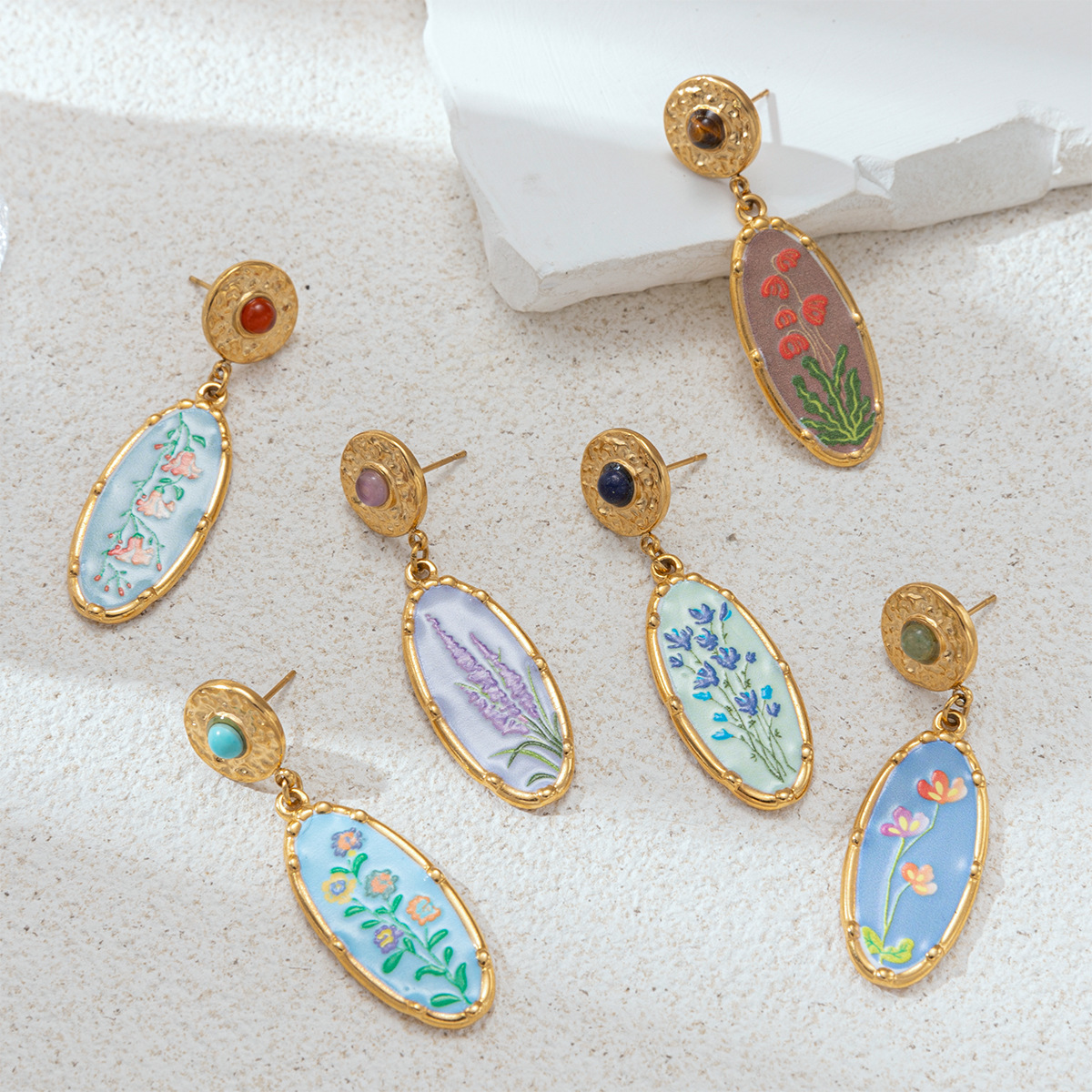 Tina European and American stainless steel ear studs for women, non-fading, fashionable oil painting natural style titanium steel earrings, light luxury high-end feel. 2509ZK52003GZ As Picture