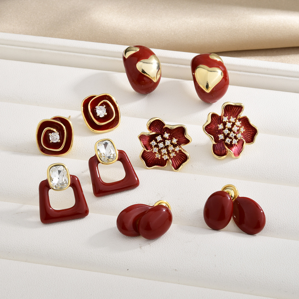 2026 New Wine Red Retro Fashion Exquisite and Versatile Earrings, Light Luxury and High Luxury, Ankela Red Earrings for Women Style 1 (plated with 22K gold) As Picture