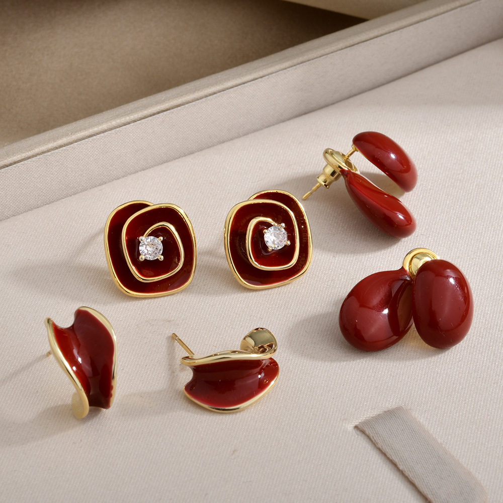 2026 New Wine Red Retro Fashion Exquisite and Versatile Earrings, Light Luxury and High Luxury, Ankela Red Earrings for Women Style 1 (plated with 22K gold) As Picture
