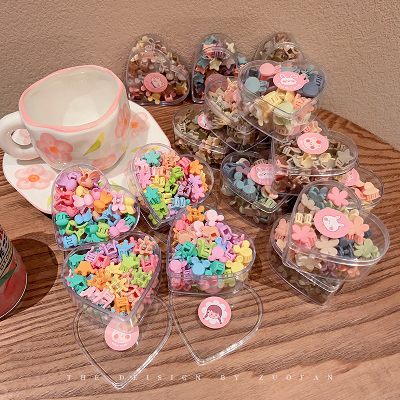 Candy Color Mini Hair Claw Clips Set for Girls, Acrylic Cute Cartoon Flower Rabbit Crown Tiny Hair Grips Kids Bangs Hair Accessories with Heart Box