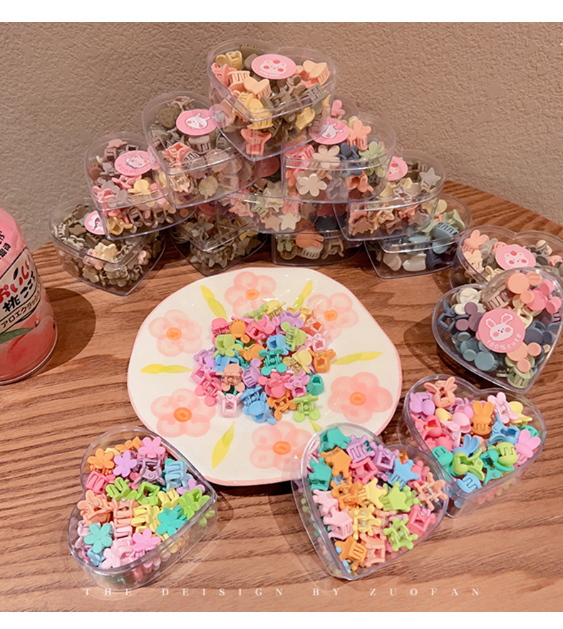 Candy Color Mini Hair Claw Clips Set for Girls, Acrylic Cute Cartoon Flower Rabbit Crown Tiny Hair Grips Kids Bangs Hair Accessories with Heart Box