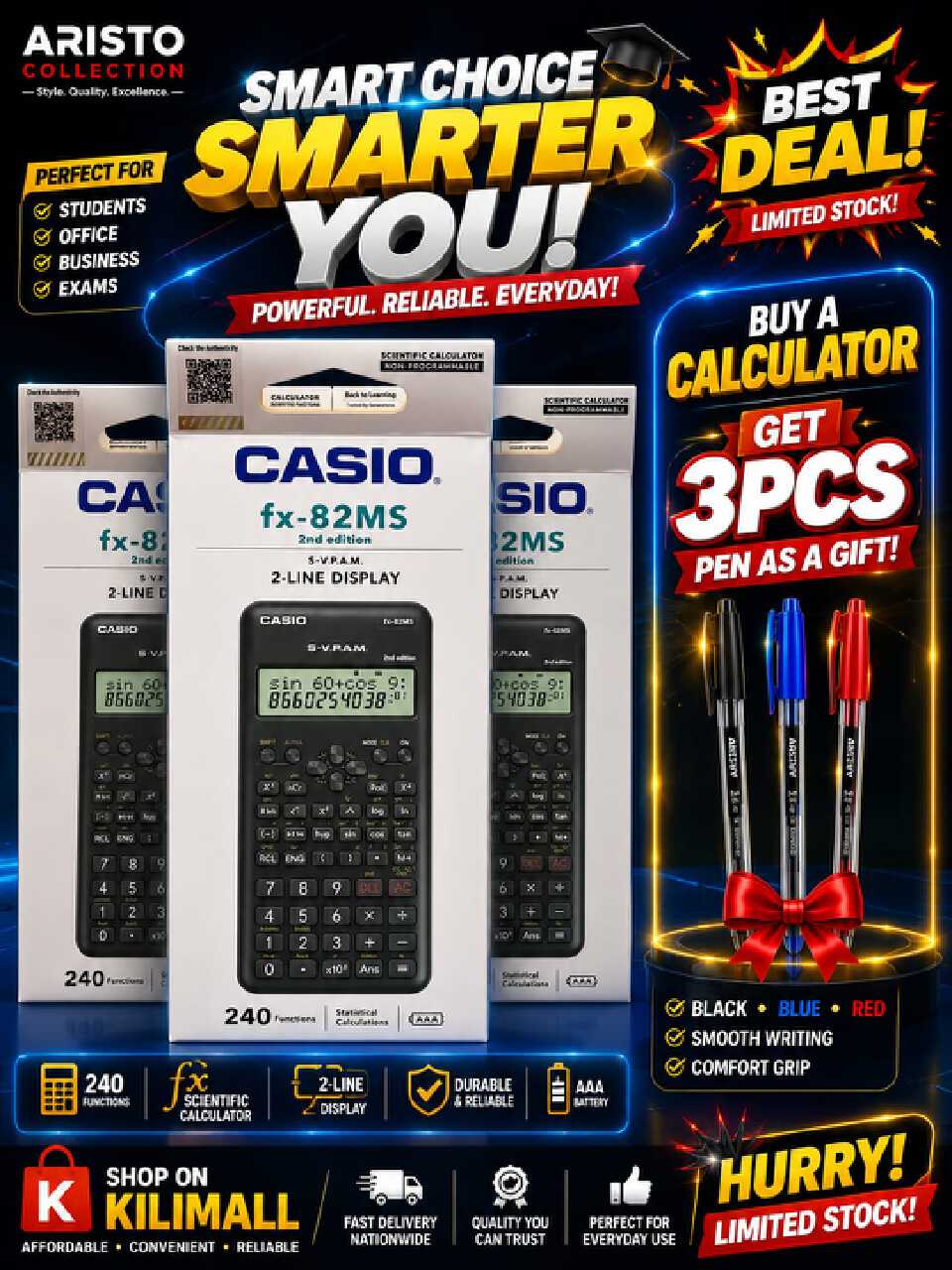 🔥🔥 OFFER OFFER !!!! 🔥🔥Casio fx-82MS 2nd Edition Scientific Calculator ➕🖊️ PEN ( BLUE, BLACK & RED) – Non-Programmable with 240 Functions, Solar + Battery Power, 2-Line Display |