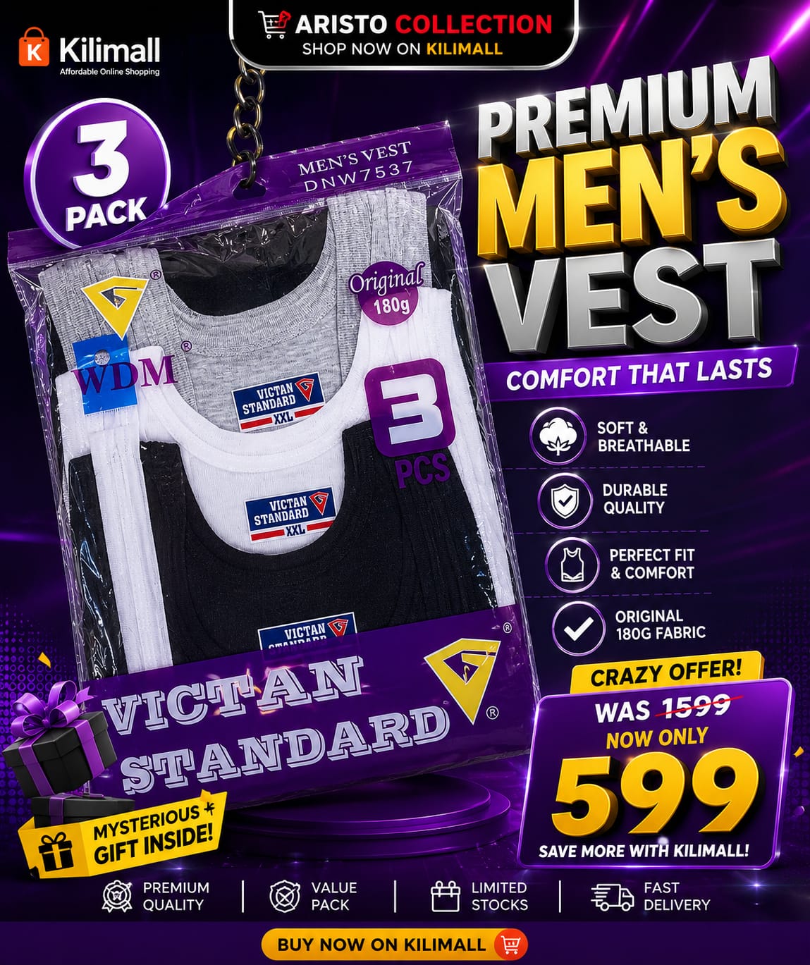 🔥 PREMIUM MEN’S VEST – 3PCS DEAL! 🔥
Comfortable, breathable & durable Victan Standard men’s vests 👌 Was KSh 1,599, now only KSh 599! 🎉 Mystery Gift Inside 🎁 | Limited Stock | Shop Now on Kilimall