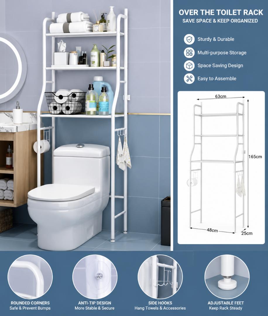 3-Tier Over the Toilet Storage Rack – Bathroom Organizer Shelf with Towel Bar & Hooks