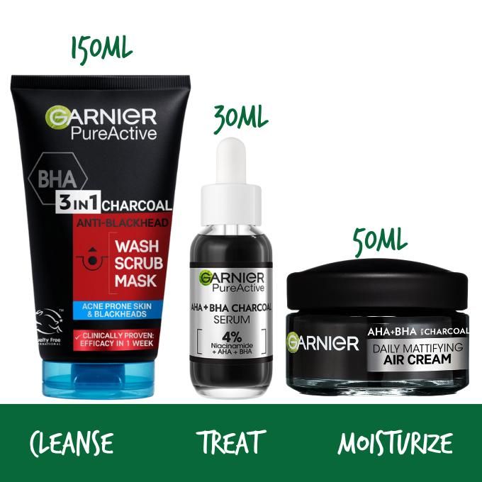Garnier Pure Active Acne Control Kit - 3-in-1 Charcoal Wash 150ml, Serum 30ml, Mattifying Cream 50ml
