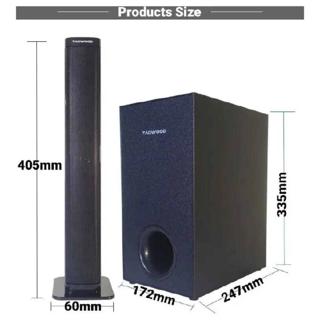 Tagwood 7500W 2.1CH Multimedia Bluetooth Speaker System, powerful channel audio setup features two sleek tower speakers and a massive, high-performance subwoofer that delivers deep, room-shaking bass.