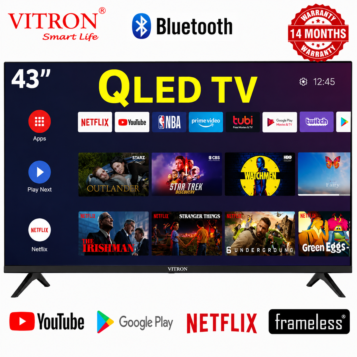 Vitron HTC4300QFS 43" Inch Television QLED TV Full HD TV Frameless Smart Android & DIGITAL TV, 8GBROM, BLUETOOTH ENABLED, WIFI CONNECTIVITY, NETFLIX, YOUTUBE INBUILT DECODER.