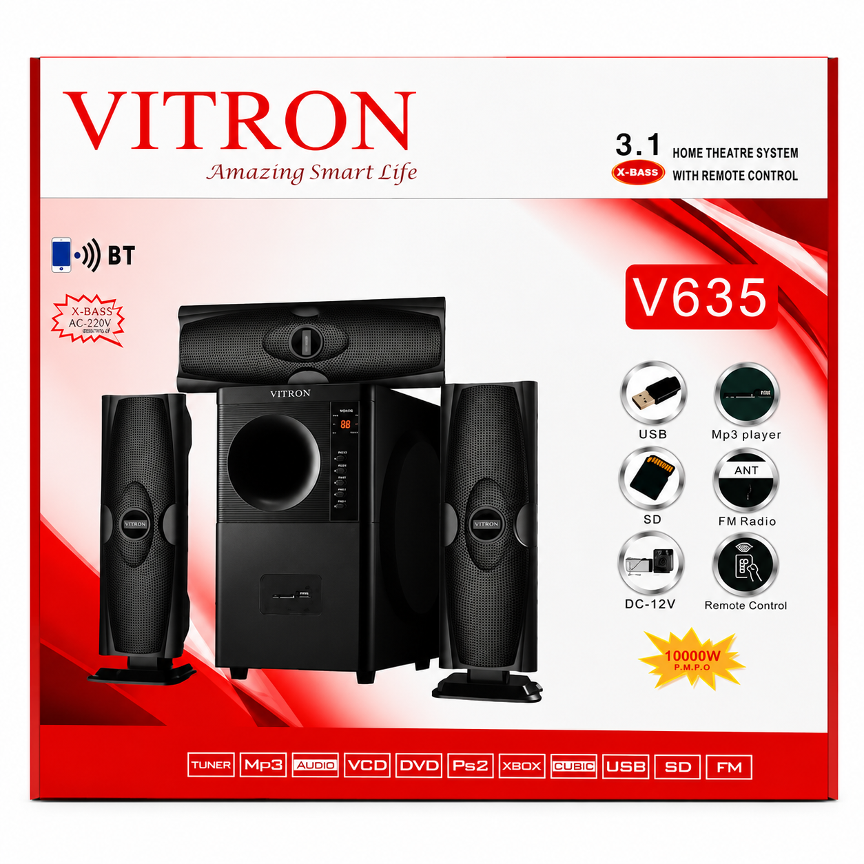 Vitron V635 3-In-1 10,000 Watts Bluetooth Enabled Sub Woofer Sound System -USB,FM