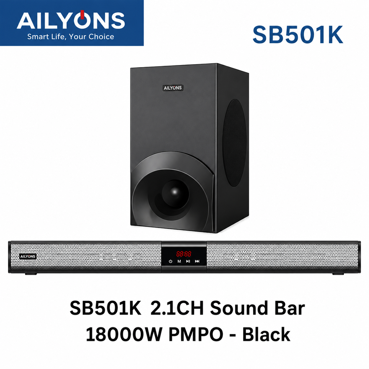 Ailyons SB501K 2.1CH Soundbar with Powerful Wireless Subwoofer - 18000W PMPO Bluetooth Multimedia Speaker System