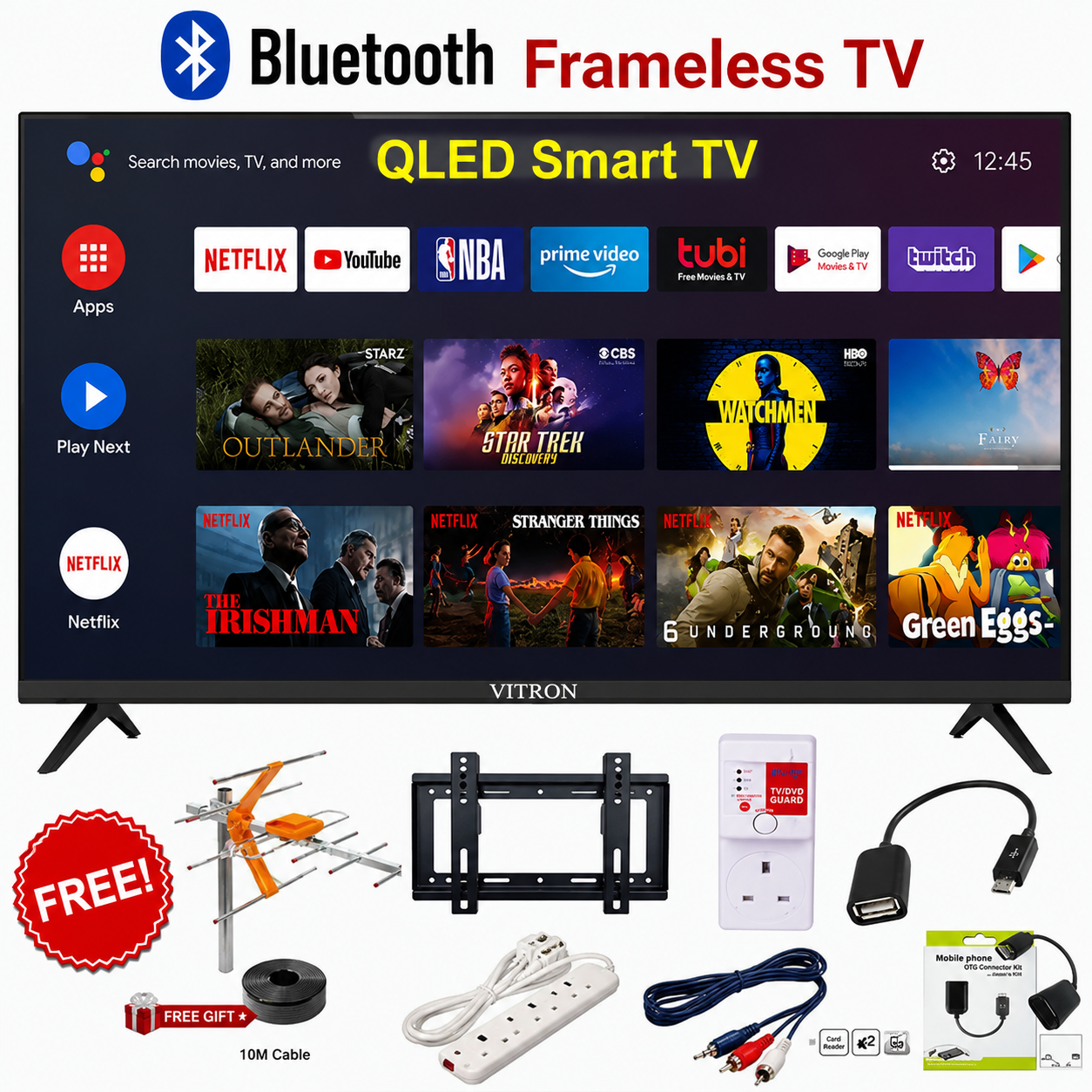 Vitron HTC4300QFS 43" Inch Television QLED TV Full HD TV Frameless Smart Android & DIGITAL TV, 8GBROM, BLUETOOTH ENABLED, WIFI CONNECTIVITY, NETFLIX, YOUTUBE INBUILT DECODER.