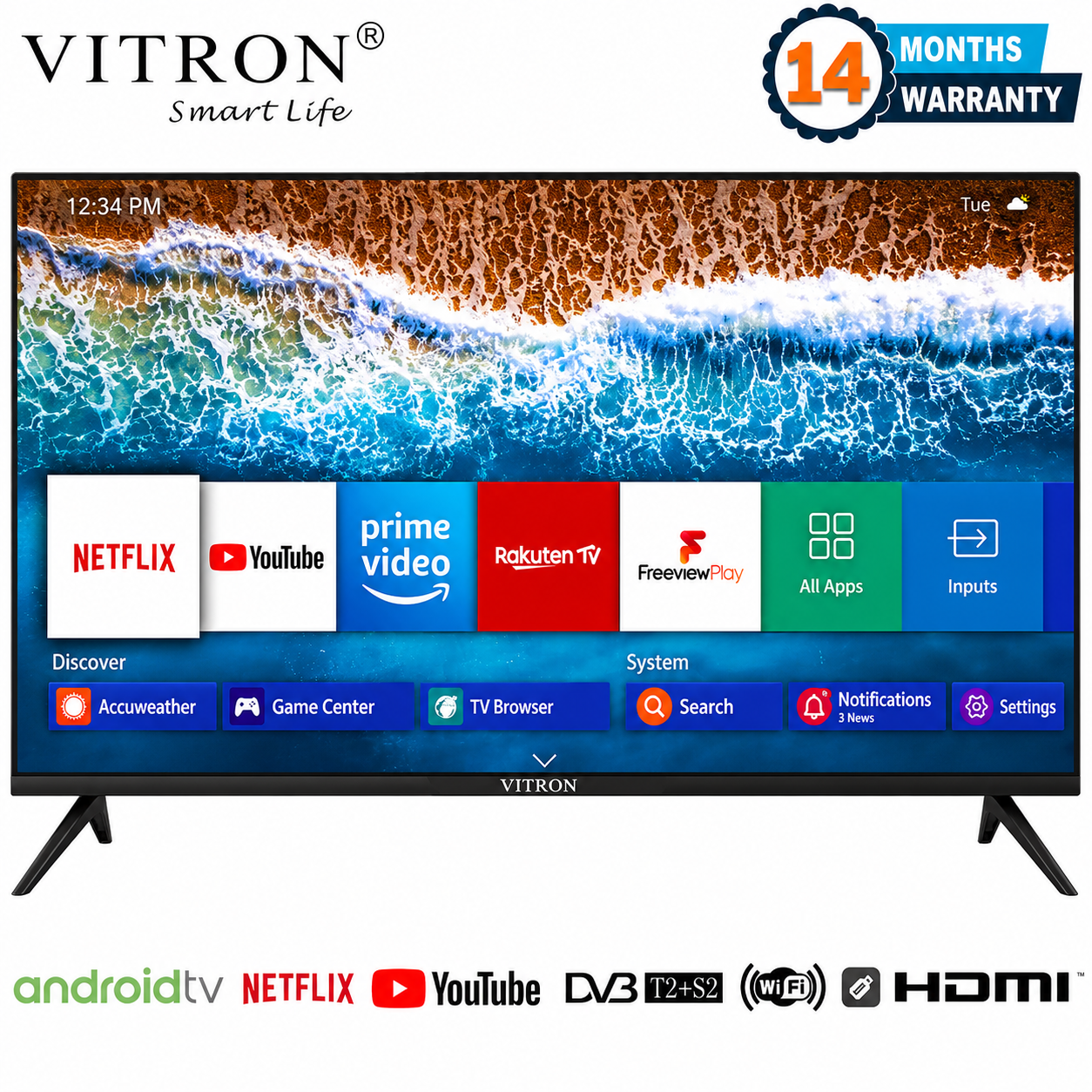 Vitron HTC4300QFS 43" Inch Television QLED TV Full HD TV Frameless Smart Android & DIGITAL TV, 8GBROM, BLUETOOTH ENABLED, WIFI CONNECTIVITY, NETFLIX, YOUTUBE INBUILT DECODER.