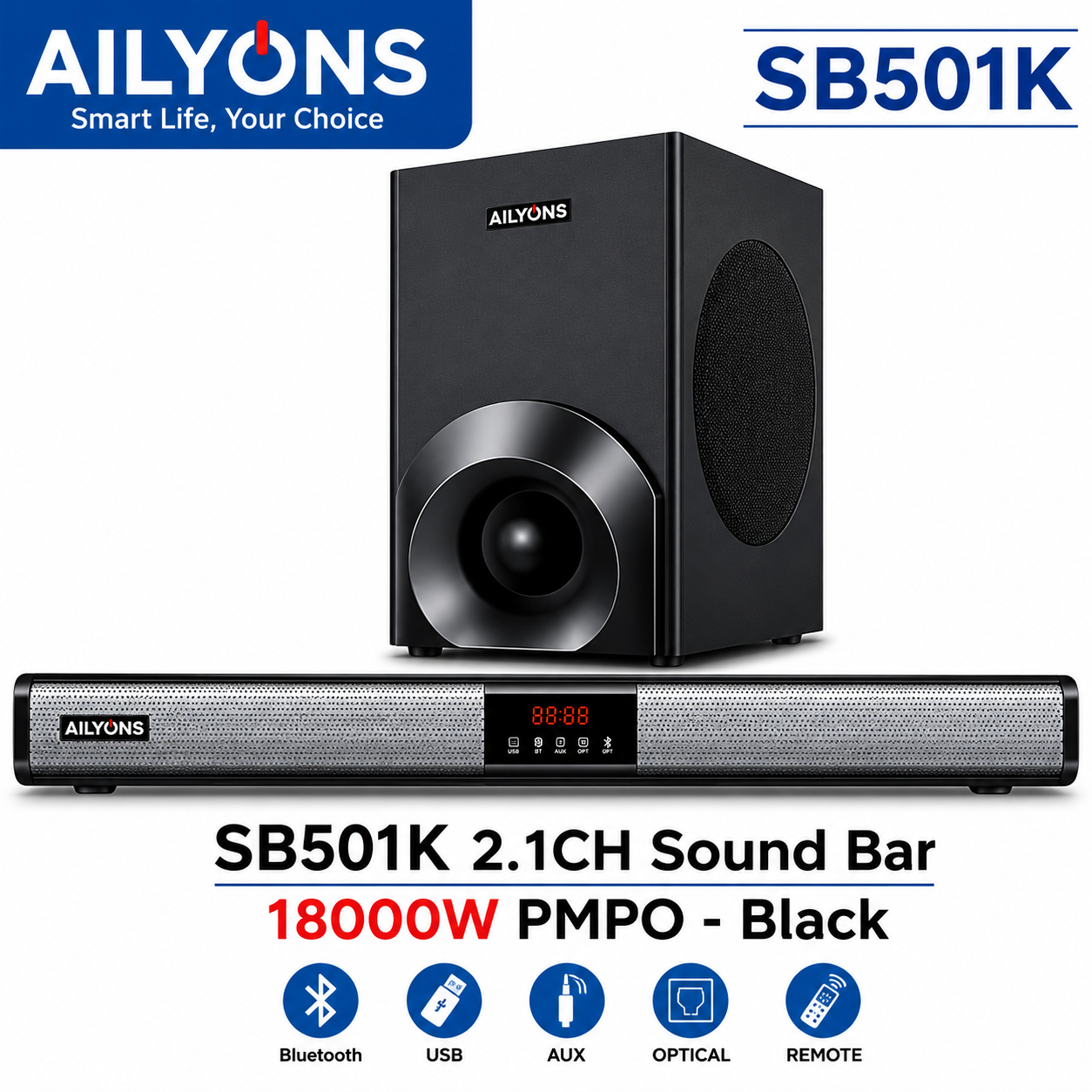 Ailyons SB501K 2.1CH Soundbar with Powerful Wireless Subwoofer - 18000W PMPO Bluetooth Multimedia Speaker System