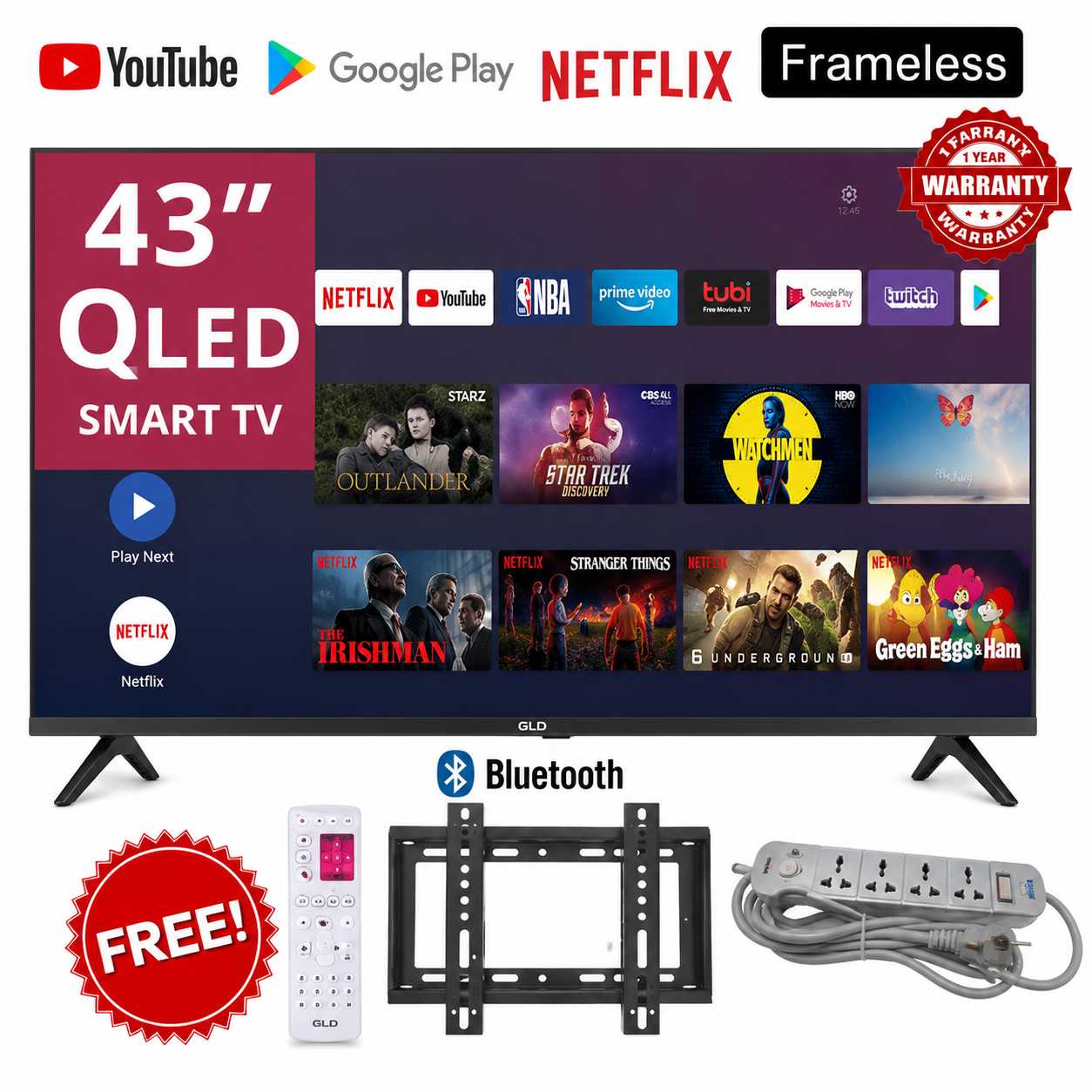 Gld 43 Inch High Quality FHD QLED Smart Android TV (Android, Bluetooth, WiFi, Frameless Design) – Inbuilt Decoder + Free TV Guard, Bracket & Extension