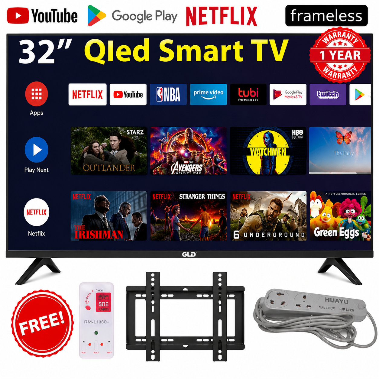 Gld 32" INCH Frameless Smart Android TELEVISION AND DIGITAL TV, App store, Inbuilt decoder, Neflix,YouTube(1 Year Warranty)+FREE TV Guard+Extension+BRACKET