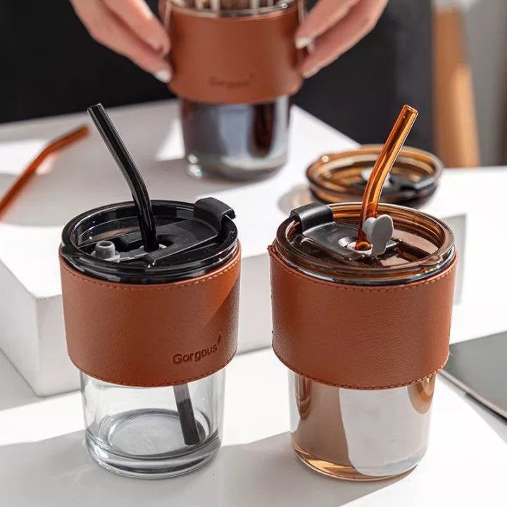 ✴️ Gorgeous slub glass smoothie cup with STRAW and leather cover -
 Material glass with leather cover
 Capacity  300mls 
450mls