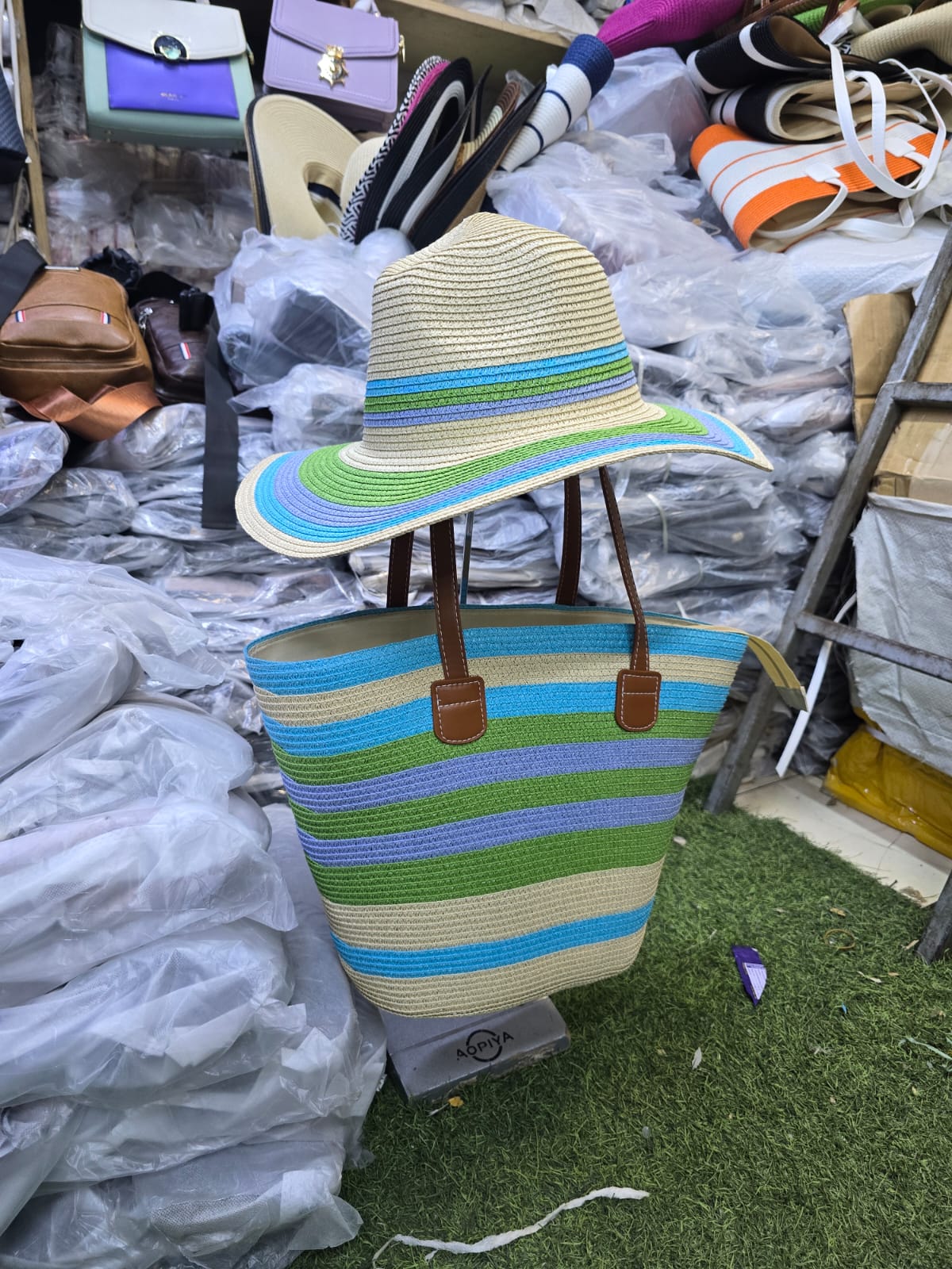 Women's Summer Straw Beach Tote Bag with Matching Wide Brim Sun Hat – Elegant Green & White Woven Handbag Set, Large Capacity Vacation Tote for Beach, Travel, Shopping & Holiday Fashion