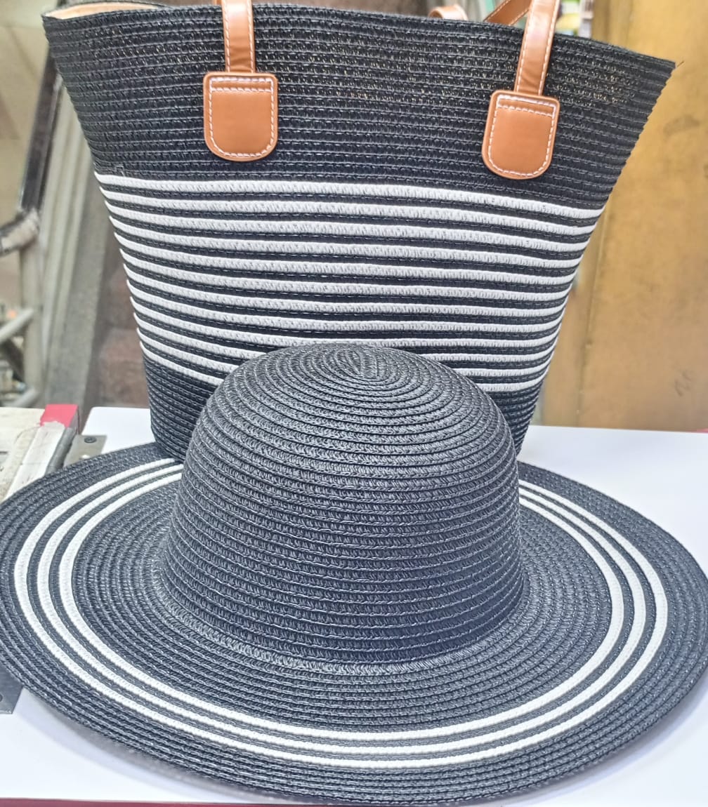 Women's Summer Straw Beach Tote Bag with Matching Wide Brim Sun Hat – Elegant Green & White Woven Handbag Set, Large Capacity Vacation Tote for Beach, Travel, Shopping & Holiday Fashion