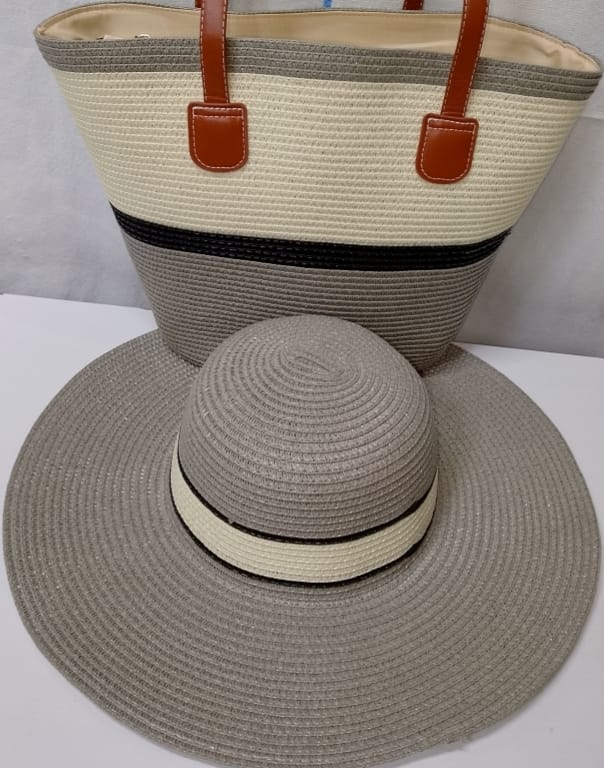 Women's Summer Straw Beach Tote Bag with Matching Wide Brim Sun Hat – Elegant Green & White Woven Handbag Set, Large Capacity Vacation Tote for Beach, Travel, Shopping & Holiday Fashion