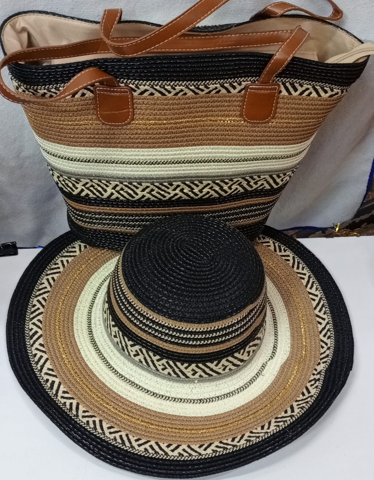 Women's Summer Straw Beach Tote Bag with Matching Wide Brim Sun Hat – Elegant Green & White Woven Handbag Set, Large Capacity Vacation Tote for Beach, Travel, Shopping & Holiday Fashion