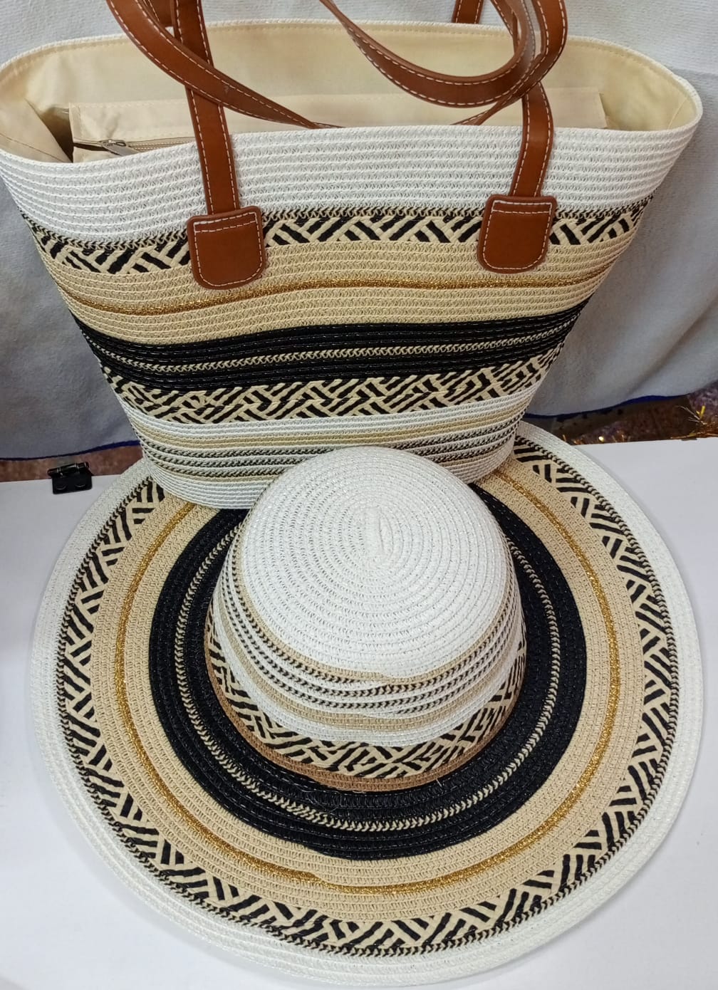 Women's Summer Straw Beach Tote Bag with Matching Wide Brim Sun Hat – Elegant Green & White Woven Handbag Set, Large Capacity Vacation Tote for Beach, Travel, Shopping & Holiday Fashion