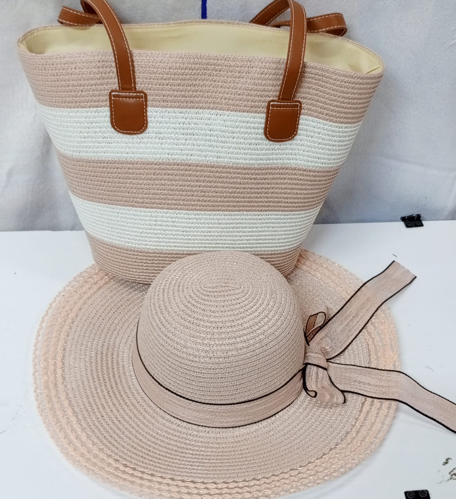 Women's Summer Straw Beach Tote Bag with Matching Wide Brim Sun Hat – Elegant Green & White Woven Handbag Set, Large Capacity Vacation Tote for Beach, Travel, Shopping & Holiday Fashion