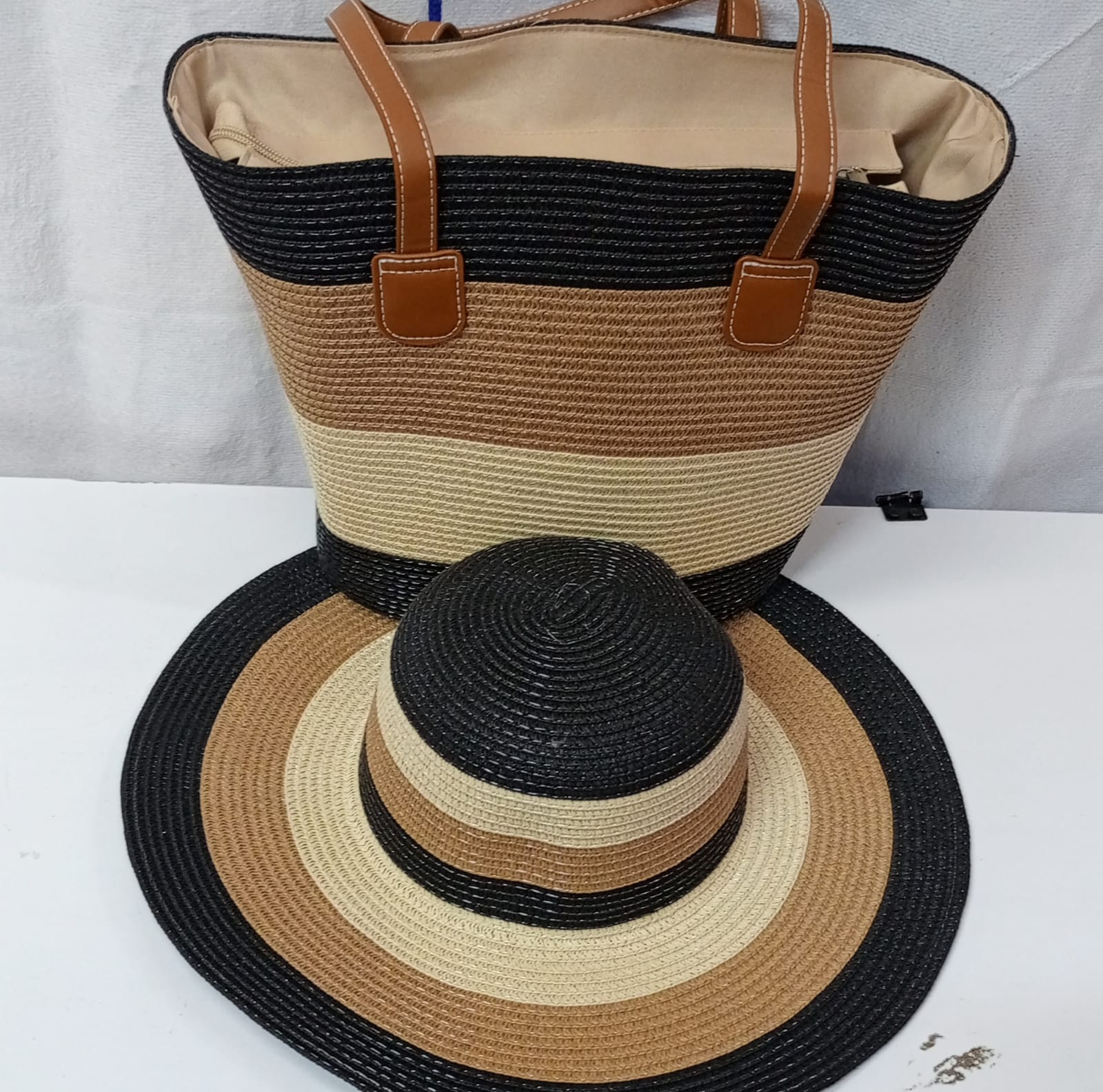 Women's Summer Straw Beach Tote Bag with Matching Wide Brim Sun Hat – Elegant Green & White Woven Handbag Set, Large Capacity Vacation Tote for Beach, Travel, Shopping & Holiday Fashion