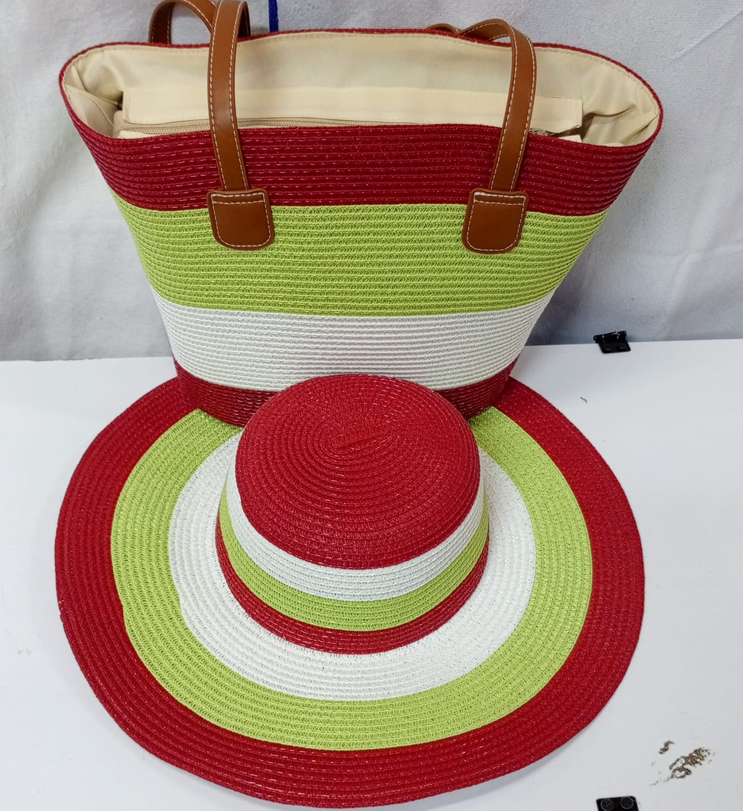 Women's Summer Straw Beach Tote Bag with Matching Wide Brim Sun Hat – Elegant Green & White Woven Handbag Set, Large Capacity Vacation Tote for Beach, Travel, Shopping & Holiday Fashion
