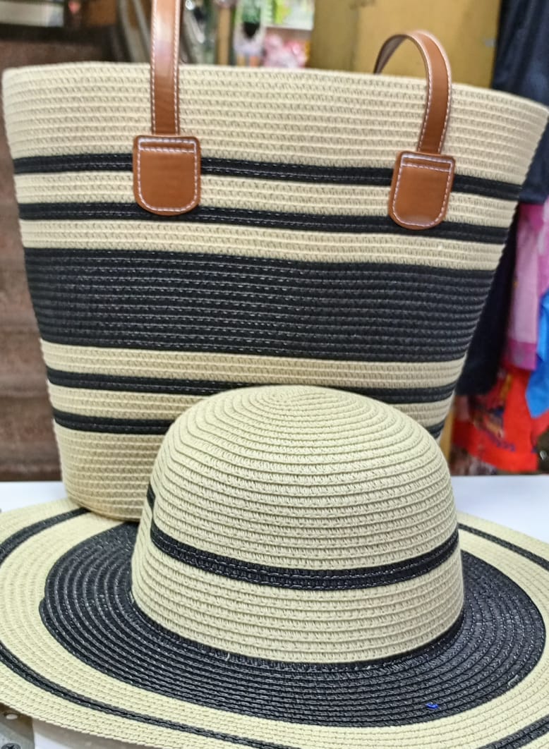 Women's Summer Straw Beach Tote Bag with Matching Wide Brim Sun Hat – Elegant Green & White Woven Handbag Set, Large Capacity Vacation Tote for Beach, Travel, Shopping & Holiday Fashion