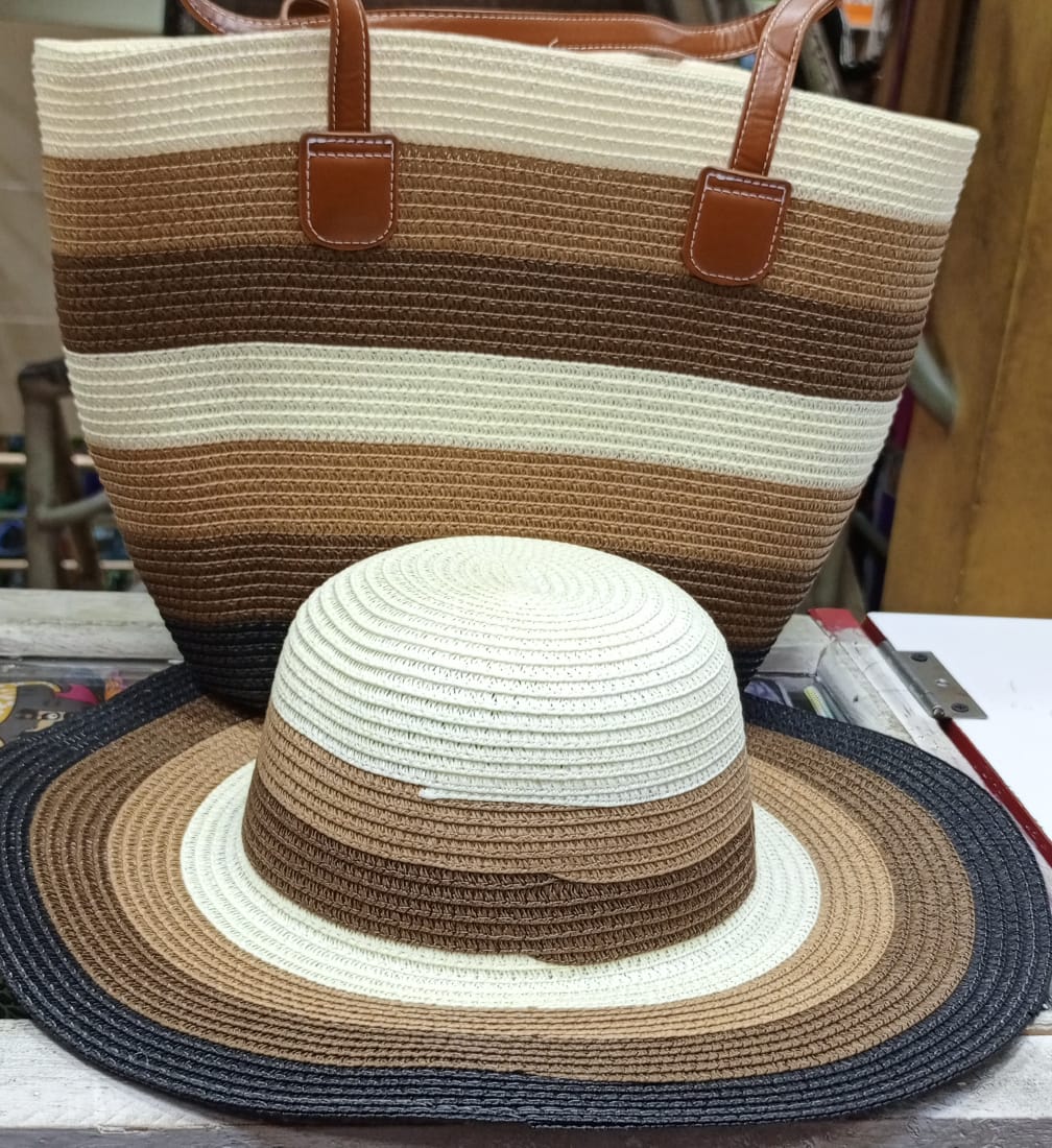 Women's Summer Straw Beach Tote Bag with Matching Wide Brim Sun Hat – Elegant Green & White Woven Handbag Set, Large Capacity Vacation Tote for Beach, Travel, Shopping & Holiday Fashion
