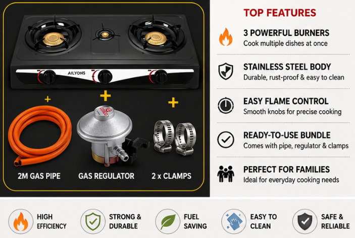 Ailyons GS018 Stainless Steel 3 Burner Gas Cooker Bundle – Triple Burner Table Top Gas Stove with FREE 2M Gas Pipe, Regulator & Clamps Kitchen Cooking Appliance