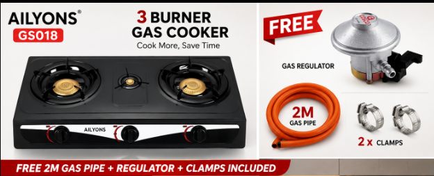 Ailyons GS018 Stainless Steel 3 Burner Gas Cooker Bundle – Triple Burner Table Top Gas Stove with FREE 2M Gas Pipe, Regulator & Clamps Kitchen Cooking Appliance