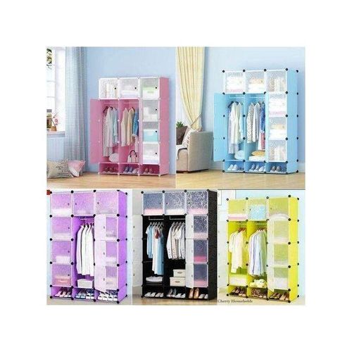 3 Column DIY Plastic Wardrobe Storage Cabinet Large Capacity Clothes Organizer Portable Closet Shoe Rack Storage Furniture Bedroom Wardrobe Cabinet