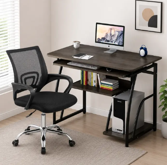 FULL SET Modern Home Office Computer Desk with Ergonomic Mesh Office Chair – Study Table(70*40*71)cm, Workstation, Keyboard Tray, Bookshelf & CPU Storage for Home, Office & Students